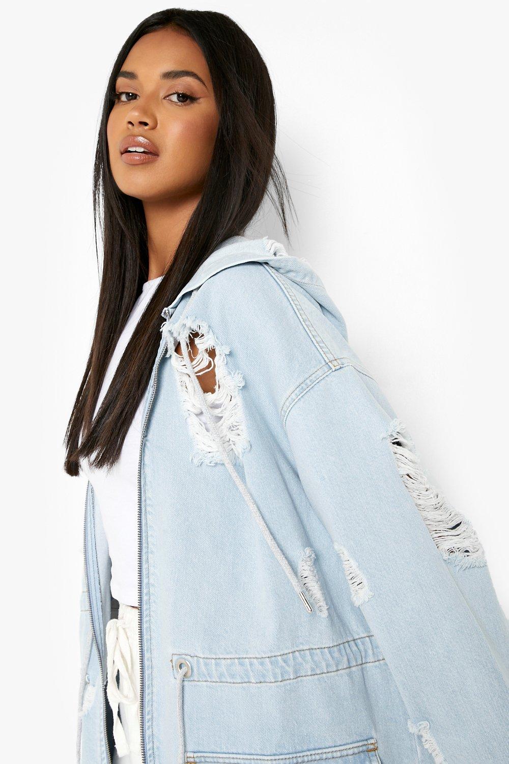 Longline distressed denim jacket best sale